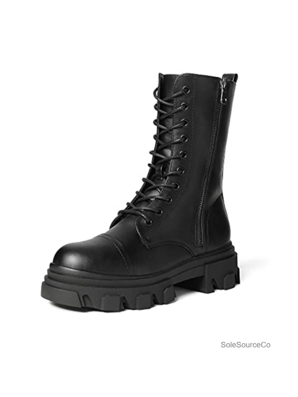 Women's Mid Calf Combat Boots Faux Leather Low Heel Lace Up